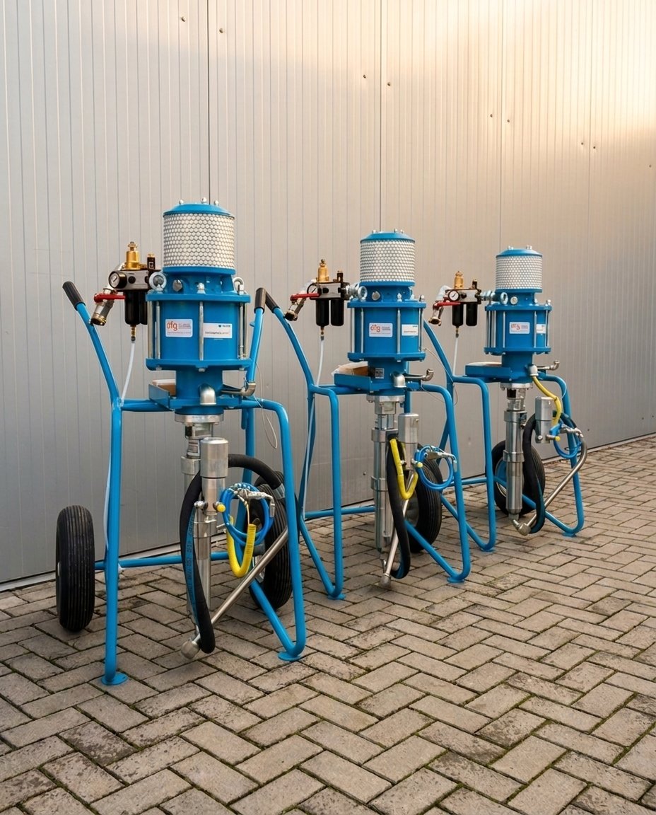 Drei blaue Airless-Spritzgeräte zur Miete
